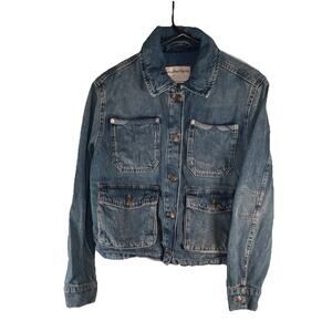 We The Free Denim Jacket Womens Plaid Lined Distressed Button Front Size S